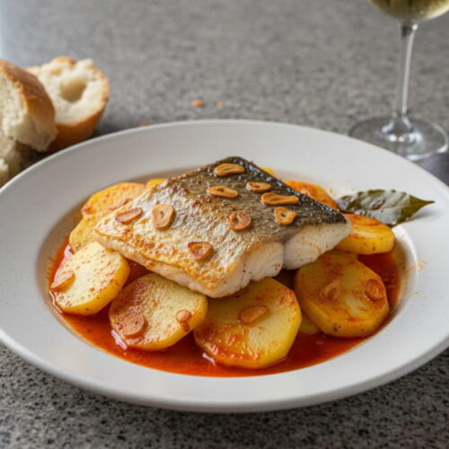 Merluza a la gallega in a white ceramic plate, hake on potato slices with bright pimentón refrito, garlic slices golden brown, misted white wine glass, Galician granite, diffuse Atlantic light, close-up