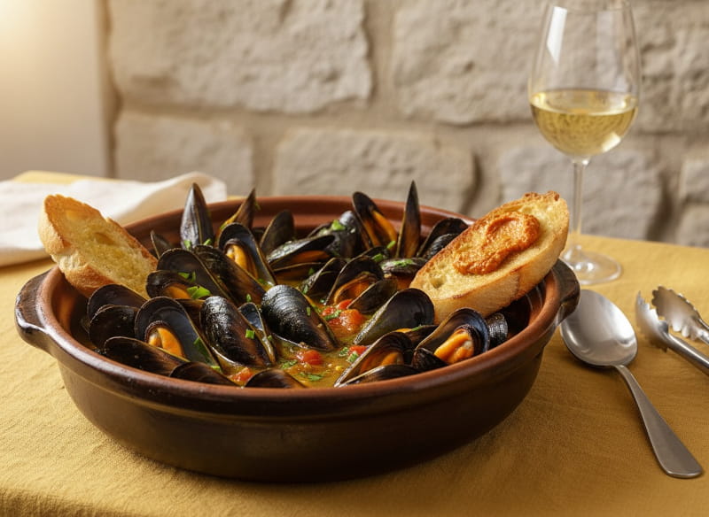 Moules à la sétoise in an earthenware ceramic bowl, mussels open with a glossy black sheen, golden-yellow saffron broth with tomatoes, rouille floating on a baguette, a glass of white wine with a pale golden hue, light-colored limestone, Mediterranean afternoon light, close-up