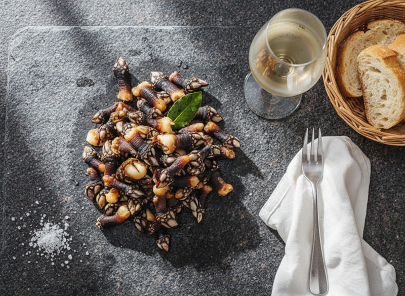 Percebes al natural on dark wooden board from above, barnacles gleaming with creamy white meat, sea salt next to them, white wine glass heavily misted, dark gray granite, diffuse Atlantic light, overhead