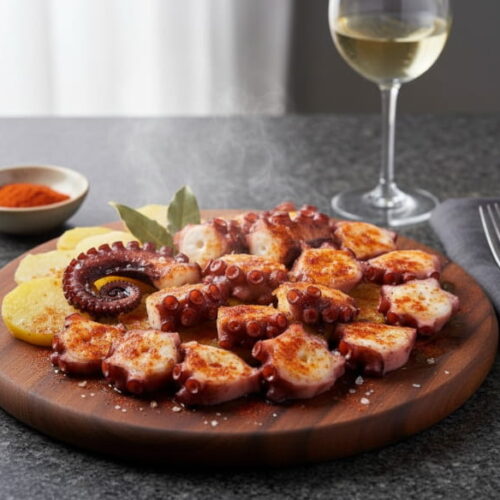 Pulpo a Feira on dark wooden board, sliced octopus with purple skin, pimentón red-brown, olive oil shiny, cachelos next to it, white wine glass misted, dark gray granite, Atlantic daylight, classically centered