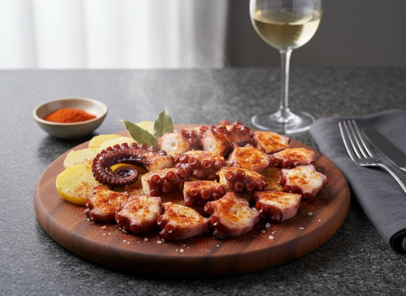 Pulpo a Feira on dark wooden board, sliced octopus with purple skin, pimentón red-brown, olive oil shiny, cachelos next to it, white wine glass misted, dark gray granite, Atlantic daylight, classically centered