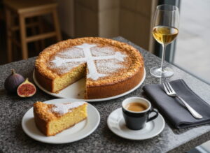 Tarta de Santiago with a white Cruz de Santiago made of powdered sugar on a golden-brown surface, a slice cut out, a honey-yellow white wine glass, an espresso cup beside it, Galician granite, Atlantic afternoon light, tablescape
