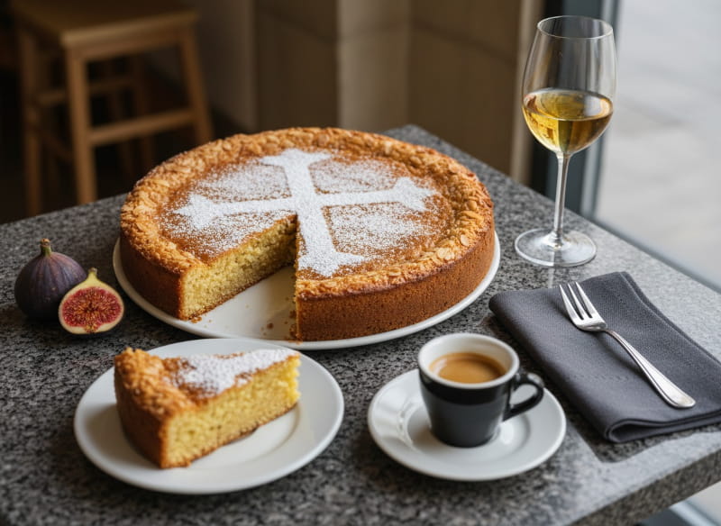 Tarta de Santiago with a white Cruz de Santiago made of powdered sugar on a golden-brown surface, a slice cut out, a honey-yellow white wine glass, an espresso cup beside it, Galician granite, Atlantic afternoon light, tablescape
