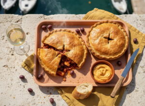 A slice of Tielle sétoise on a wooden board, viewed from above; a golden-brown crust; the deep red-brown squid-and-tomato filling visible; rouille in a small bowl; a glass of white wine with a pale golden hue; light-colored limestone; Mediterranean light; overhead lighting