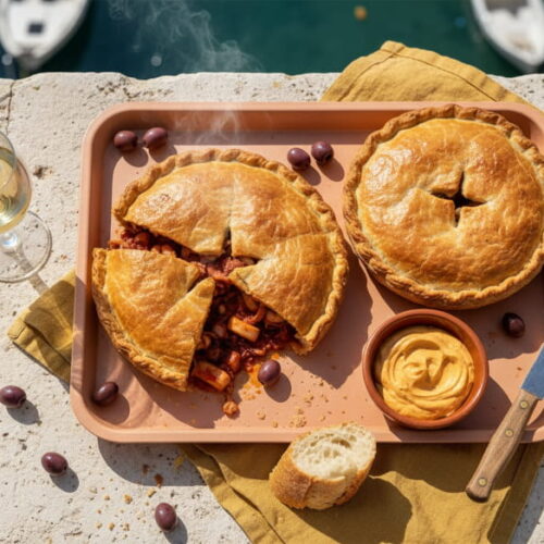 A slice of Tielle sétoise on a wooden board, viewed from above; a golden-brown crust; the deep red-brown squid-and-tomato filling visible; rouille in a small bowl; a glass of white wine with a pale golden hue; light-colored limestone; Mediterranean light; overhead lighting