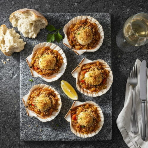 Vieiras a la gallega - six scallop shells from above, golden brown gratin, red-brown sofrito, misted white wine glass, dark gray granite, diffuse Atlantic light, overhead