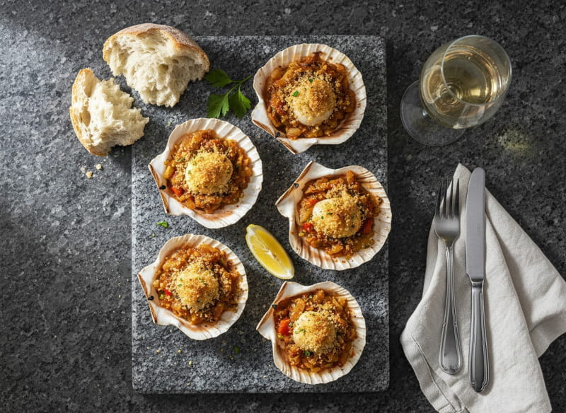 Vieiras a la gallega - six scallop shells from above, golden brown gratin, red-brown sofrito, misted white wine glass, dark gray granite, diffuse Atlantic light, overhead