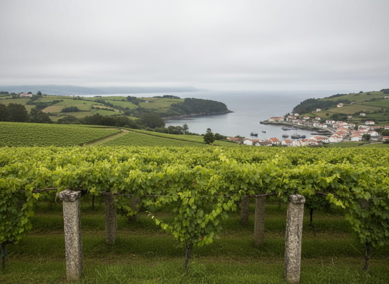 View over the green vineyards of Galicia to a Galician estuary - Albariño vines on granite parrales, the Atlantic Ocean in the background, Atlantic light and morning mist over the bays